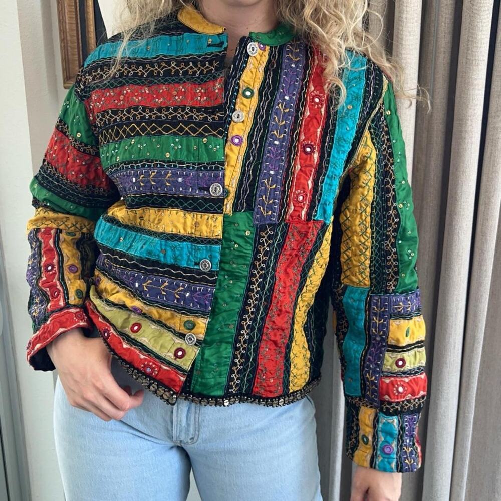 Chico's Vintage Patchwork Jacket Size 3 XL Embroidered Mirror Sequin Coin Trim